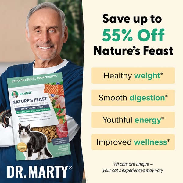A square ad creative featuring a trusted expert figure holding a cat food product, paired with a clear 55% off discount and benefit-driven bullet points.